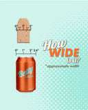 Illustration comparing the width of a wooden plank and a can of Betty soda against a dotted turquoise background. The plank and can have measurement markers. Text reads "How wide is it?" A strap of Wave Rider Swell Short, Girthy 5 Inch Liquid Silicone Dildo by CalExotics.