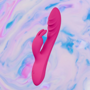 Sleek hot pink silicone rabbit vibrator with a curved, ridged shaft and flexible ears.