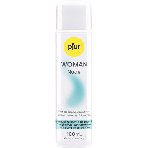 Pjur Woman Nude Water-Based Personal Lubricant 100 ml comes in a white bottle with a yellow logo, blue text, and teal accent. The label notes it's for sensitive skin and free from glycerin, parabens, and preservatives.
