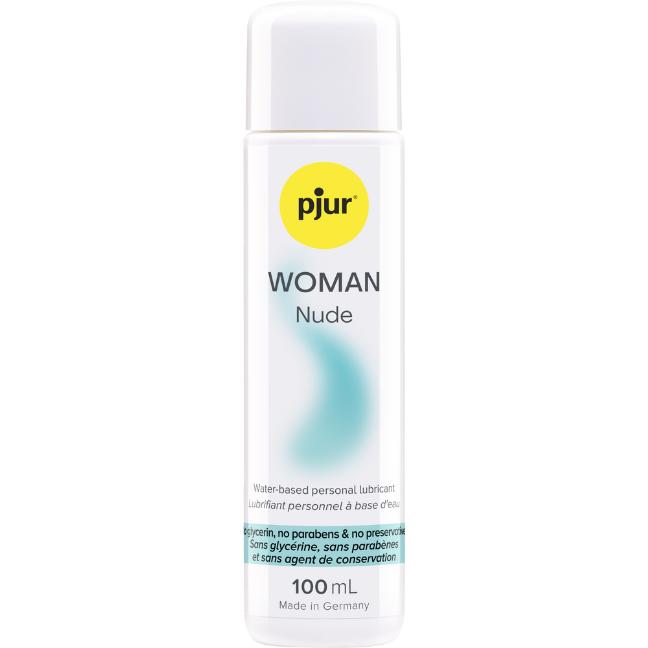Pjur Woman Nude Water-Based Personal Lubricant 100 ml comes in a white bottle with a yellow logo, blue text, and teal accent. The label notes it's for sensitive skin and free from glycerin, parabens, and preservatives.