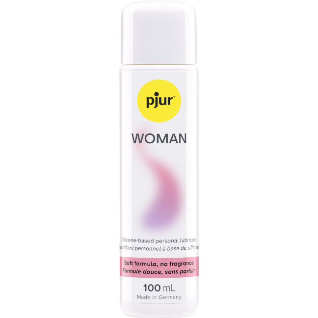 Pjur Woman Silicone Based Personal Lubricant 100 ml comes in a white bottle with a yellow logo and pink label (“Soft formula, no fragrance”). This long-lasting lubricant provides smooth glide. Packaging text is in English and French.