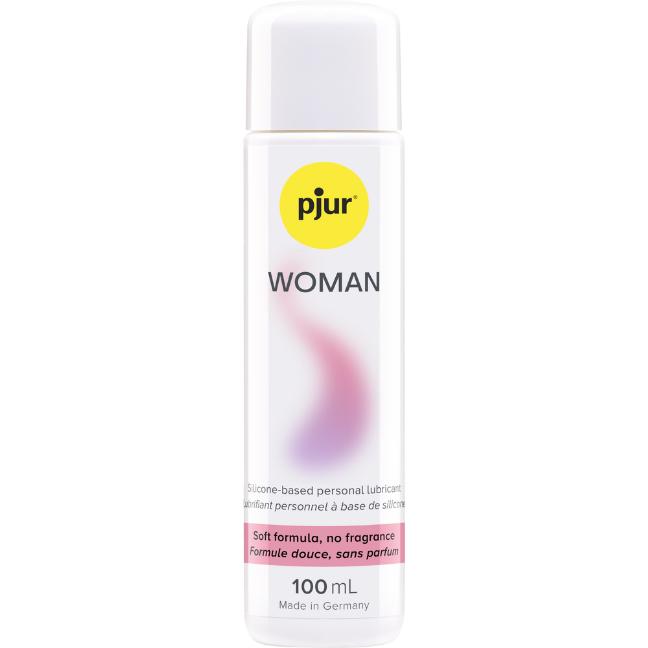 Pjur Woman Silicone Based Personal Lubricant 100 ml comes in a white bottle with a yellow logo and pink label (“Soft formula, no fragrance”). This long-lasting lubricant provides smooth glide. Packaging text is in English and French.