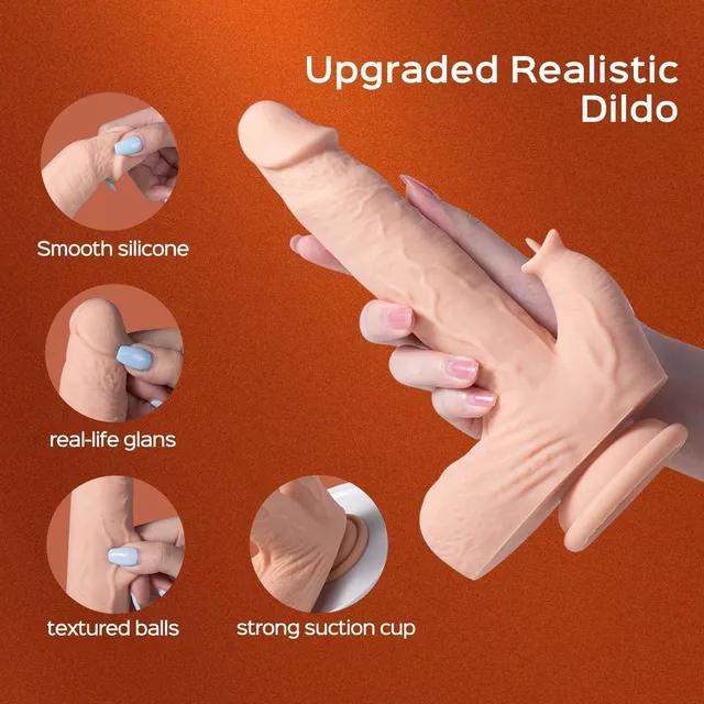 A hand holds the Colter Thrusting Large 8.5" Realistic App Controlled Dildo with Clit Licker, featuring smooth silicone, lifelike glans and balls, and a robust suction cup. "Upgraded Realistic Dildo" appears atop an orange background for ultimate pleasure seekers.