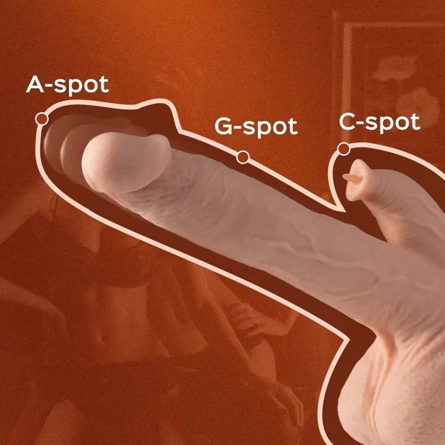 A diagram shows a finger inserted into a vagina, highlighting the A-spot, G-spot, and C-spot near the clit licker area of the Colter Thrusting Large 8.5" Realistic App Controlled Dildo with Clit Licker against a reddish-brown background with faint silhouettes.