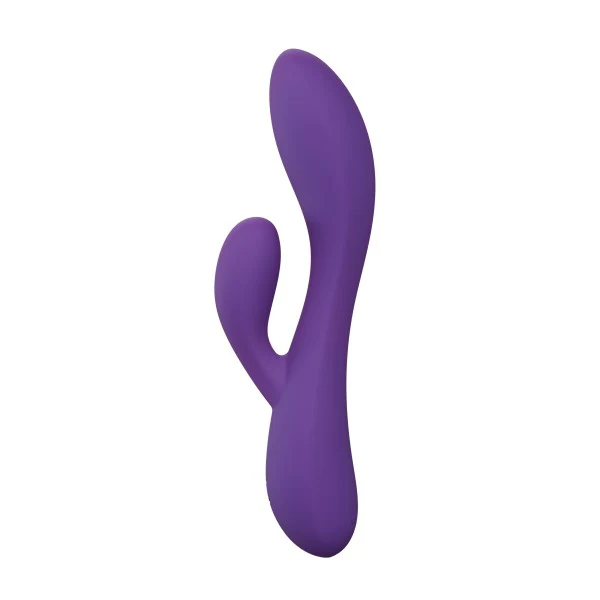 Purple UltraSilk satin-smooth silicone rabbit vibrator with a curved shaft and flexible teaser.
