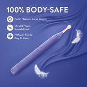 Juno precision tip oscillating vibrator in lavender satin-smooth silicone with a flat tip and control buttons.