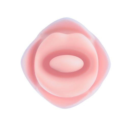 The Kissing Rose Vibrator with Tongue and Lips, made from body-safe silicone and shaped like lips with an oval center opening, is seen from above against a white background.