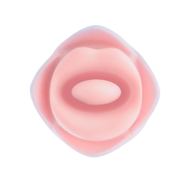 The Kissing Rose Vibrator with Tongue and Lips, made from body-safe silicone and shaped like lips with an oval center opening, is seen from above against a white background.