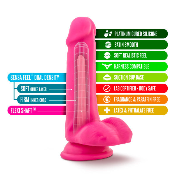 Neo 6 Inch Dual Density Dildo with Balls - Neon Pink