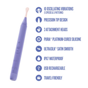 Purple Juno Precision Tip Oscillating Vibrator with a slim, satin-smooth silicone body and a light pink tip.