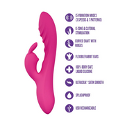 Pink UltraSilk silicone rabbit vibrator with curved, ridged shaft and flexible ears.