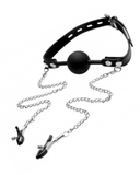 XR Brands Ball Gag Strict Silicone Ball Gag with Nipple Clamps